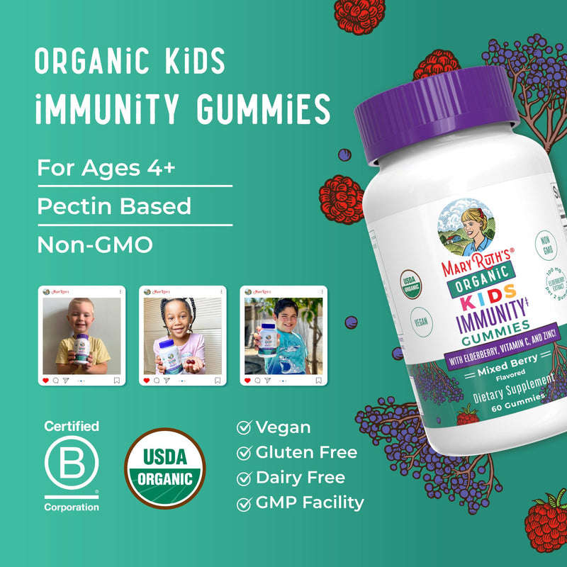 MARYRUTH'S Organic Kids Immune Support Gummies with Elderberry, 60 Count | USDA Organic, Vitamin C, Zinc, and Elderberry, Ages 4+, Vegan, Non-GMO, Gluten Free, 60 Count