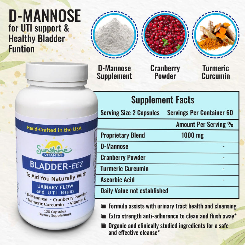 Bladder-EEZ | All-Natural Bladder Infection UTI Relief Support for Women with D-Mannose | Urinary Tract Infection Health with Immune System Support (1 Bottle of 120 Capsules)