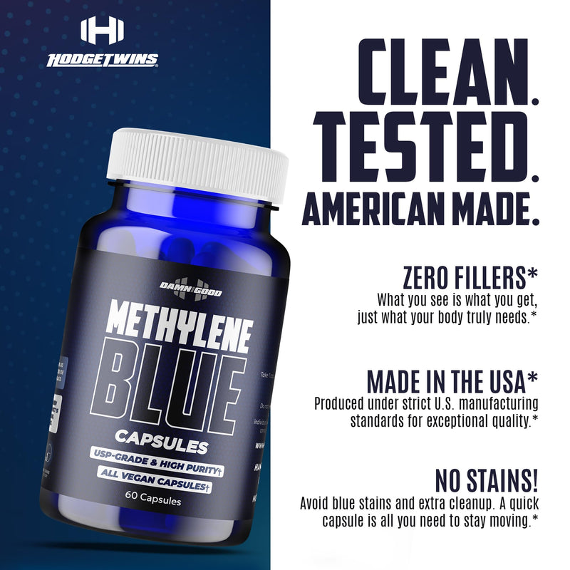 DAMN GOOD Hodge Twins Methylene Blue Capsules 10mg USP, Vitamin C, 60 Ct | USP-grade methylene blue 10 mg capsules with vitamin C for daily wellness & antioxidant support, vegan & unflavored