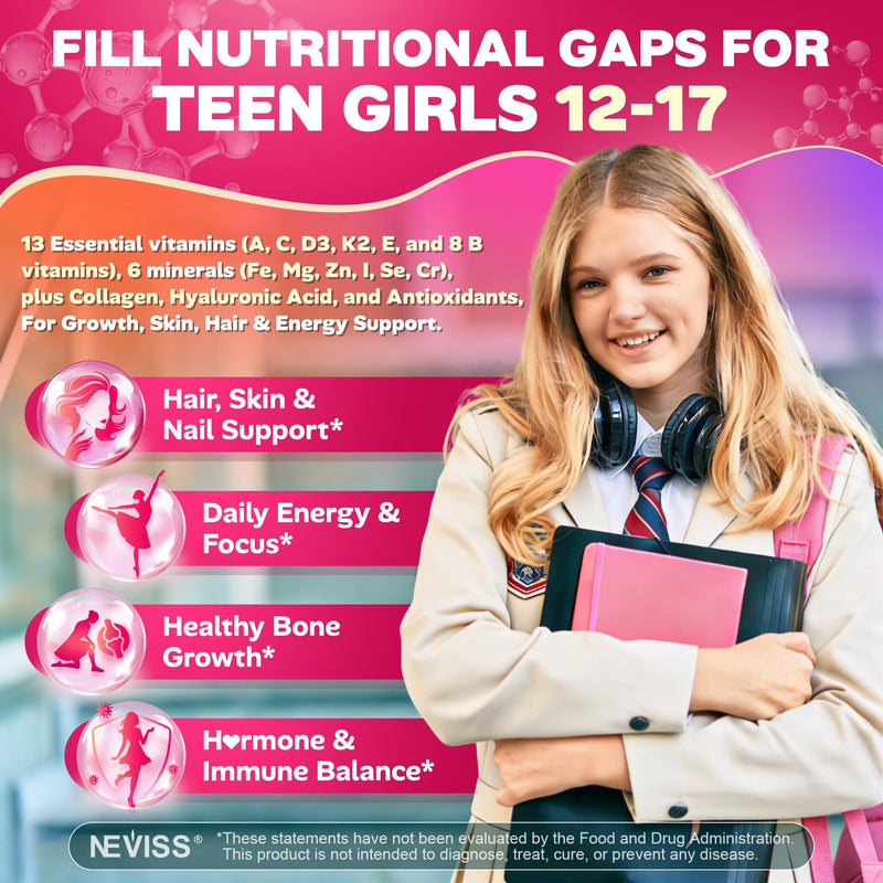 Methylated Multivitamin Gummies for Teen Girls 12-17, Methylfolate, Iron | Collagen, D3 K2, Magnesium, Zinc, Daily Vitamins A C E, B Complex for Teenager Growth, Skin, Bone, Energy - Sugar Free 120Cts 60 Count (Pack of 2)