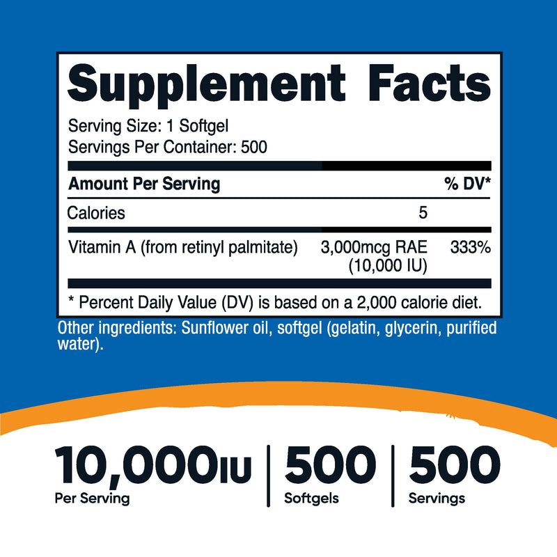 Nutricost Vitamin A 10,000 IU, 500 Softgel Capsules 500 Count (Pack of 1) - BeesActive Australia