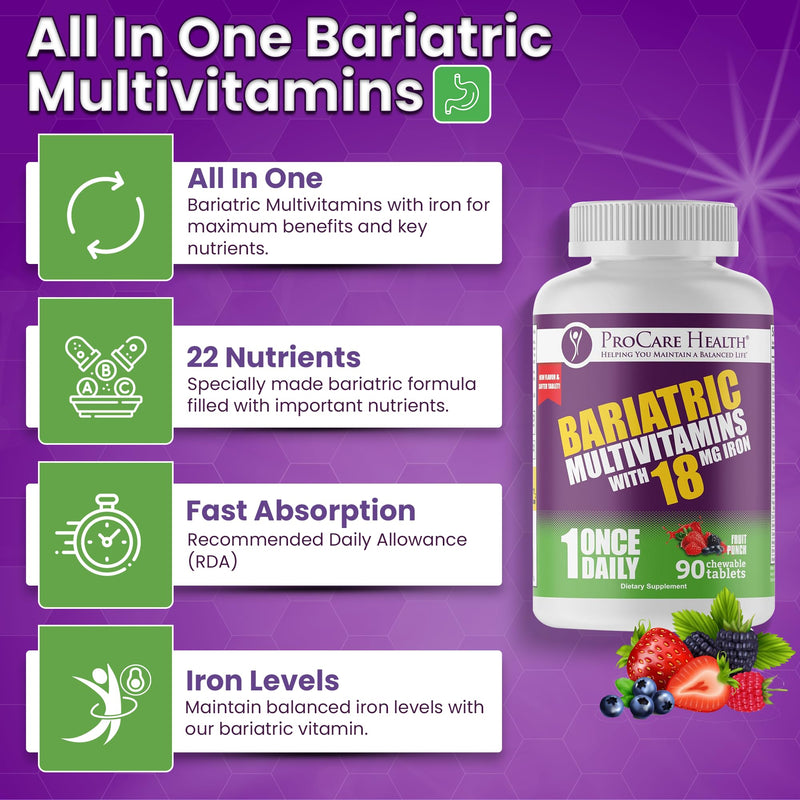 Core-18 Bariatric Multivitamin | Fruit Punch | Chewable | 90ct | Once Daily Bariatric Multivitamin with Iron 45mg Chewable Tablets for Gastric Bypass, Sleeve & Post-Op Support - Made in USA 90 Count (Pack of 1)