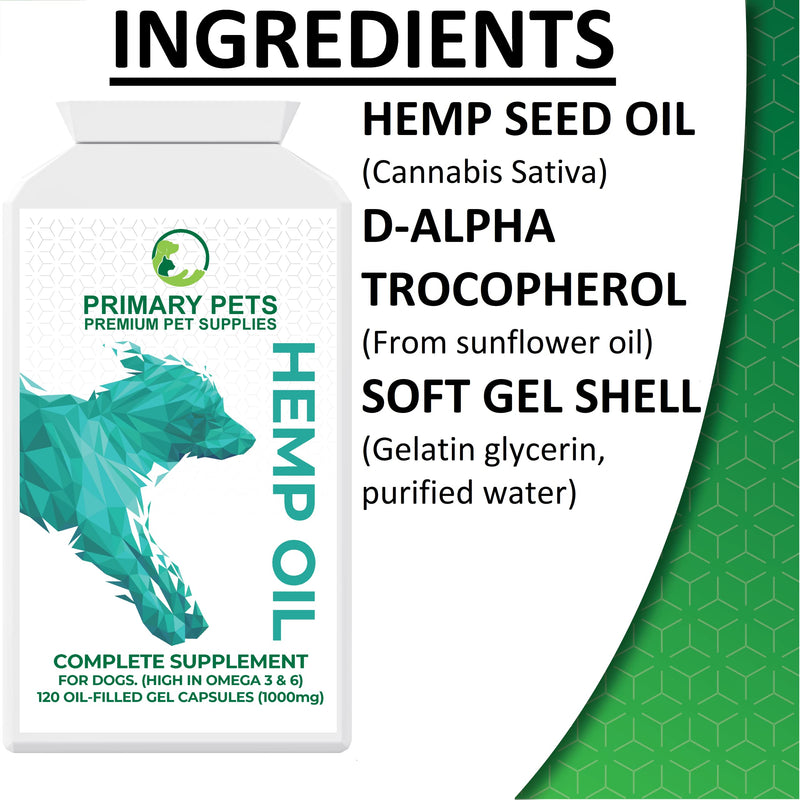 Primary Pets Premium Pet Supplies Hemp Oil for Dogs, 100% Natural Hemp Seed Oil, Calming 120 x 1000mg Soft Gel Capsules, Rich in Omega 3 & 6 Fatty Acids, Hip & Joint Support