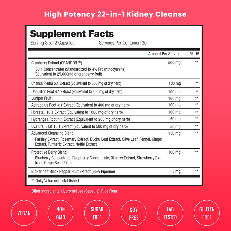 NutraChamps Kidney Cleanse Detox | 22-in-1 Kidney Support Supplement | Cranberry Pills Extract | Extra Strength & Flush Premium Formula | Urinary Tract Health for Women & Men | 60 Vegan Capsules
