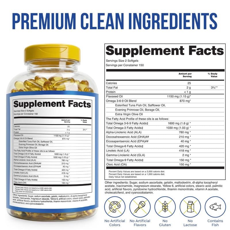 Omega 3-6-9 Dietary Supplement (325 ct.) - Promote Visual Function and Eye Health - Support Heart, Cardiovascular Health, Healthy Skin, Hair and Overall Health (Omega 3-6-9)