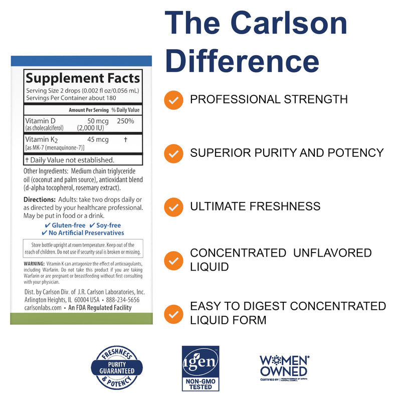 Carlson Super Daily D3 + K2, 50 mcg (2000 IU), 360 Drops (10.16 mL) | Vitamin D; 45 mcg Vitamin K2; Liquid Vitamins D and K; Bone Support 0.34 Fl Oz (Pack of 1)