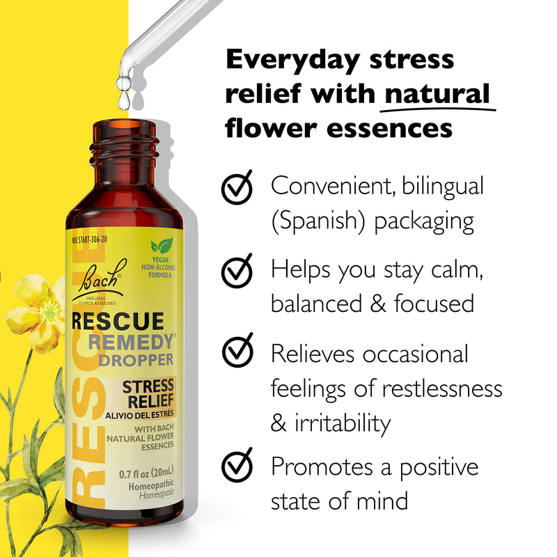 RESCUE Bach Remedy Dropper 20mL, Natural Stress Relief, Homeopathic Flower Essence, Vegan, Gluten & Sugar-Free, Non-Habit Forming (Non-Alcohol Formula) 20ml (Non-Alcohol) 20 mL