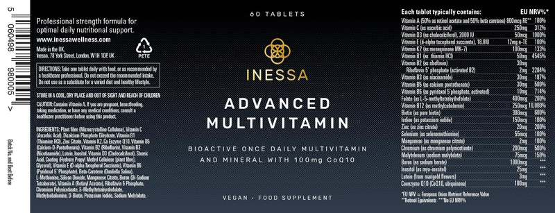 Inessa Advanced Multivitamin for Men & Women - Methylated, 60 Tablets | One tablet a day covers the lot, in the active forms your body can use straight away. With CoQ10, D3 and K2.