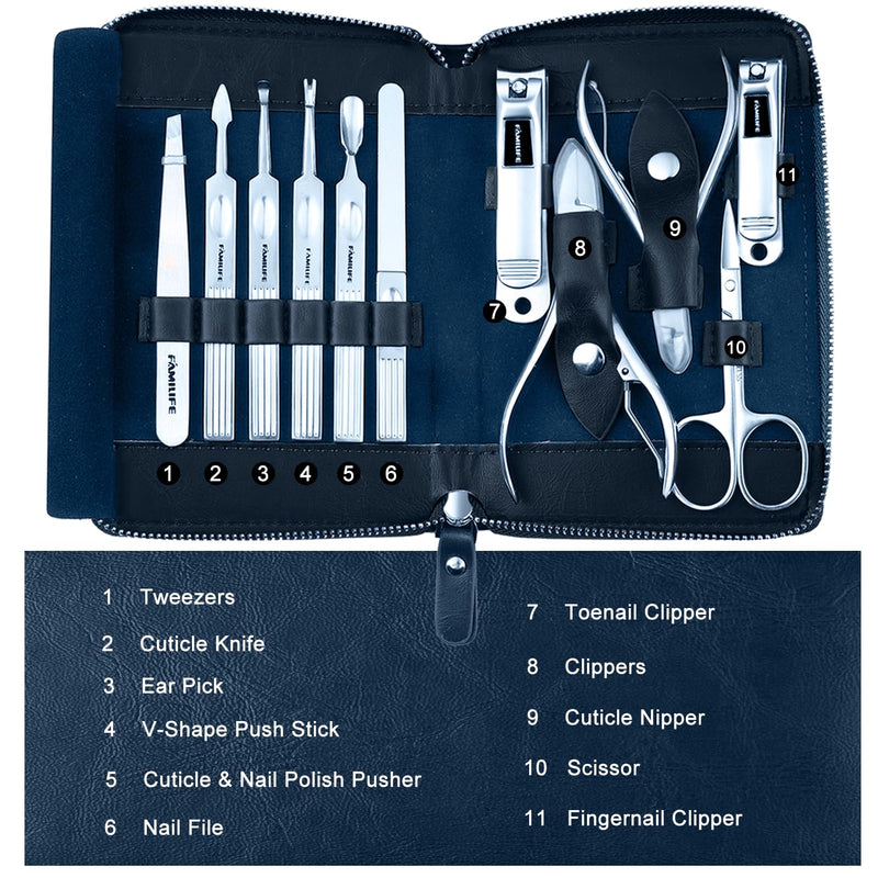 Manicure Kit, FAMILIFE Professional Manicure Set Nail Kit, 11 in 1 Stainless Steel Nail Clippers Set for Men Pedicure Tool, Men Grooming Tool with Portable Blue Leather Travel Case Luxury Gifts Navy Blue