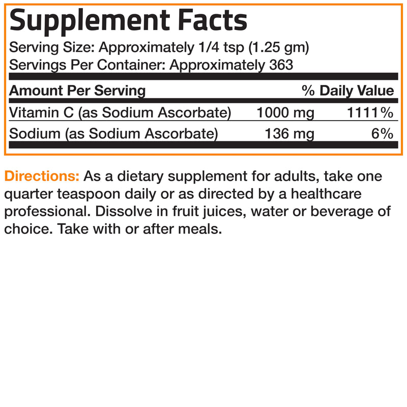 Bronson Vitamin C Powder, Non-Acidic Sodium Ascorbate, 1 lb (16 oz) | 1000 mg per 1/4 tsp (Approx.), Soluble Fine Crystals, Gentle on the Stomach, Antioxidant & Immune Support, Non-GMO Unflavored 16 Ounce (Pack of 1)