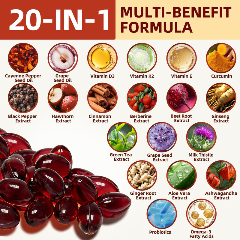 20-in-1 Organic Cayenne Pepper Capsules Supplement 7000mg | 350 Softgels | with Organic Vitamins D3 K2 E, Curcumin, Berberine, Probiotics & Omega-3 | Supports Circulation,Digestive & Bone Health