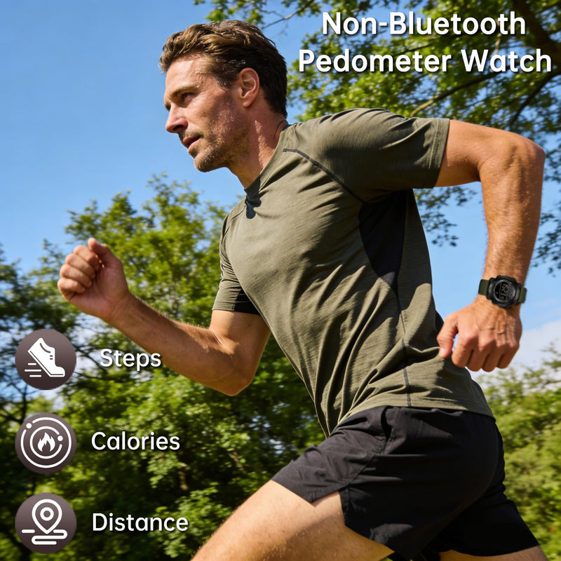 findtime Mens Digital Sport Watch Pedometer Step Counter Watches Military Minimalist Waterproof Tactical Outdoor Army Wrist Watch Dual Time Led Countdown Stopwatch Alarms Nylon Strap, No App Green