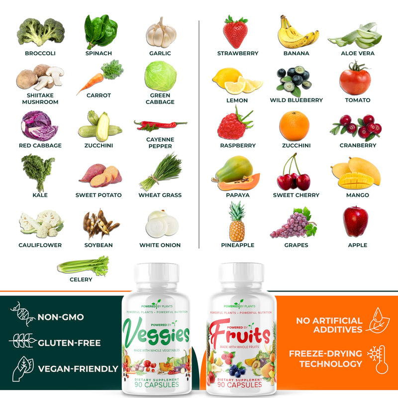 Daily Fruits and Veggies Supplement - 180 Capsules for 30 Days, Non GMO & Gluten Free Superfood with Natural Vitamins - Powered by Plants, 2-Pack 90 Count (Pack of 2)