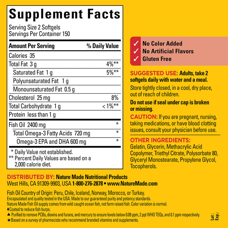 Nature Made Burp Less Fish Oil Omega 3, 1200 mg Softgels, 300 Softgels | EPA DHA Omega 3 Fish Oil Supplements for Healthy Heart Support, 150 Day Supply 300 Count (Pack of 1)