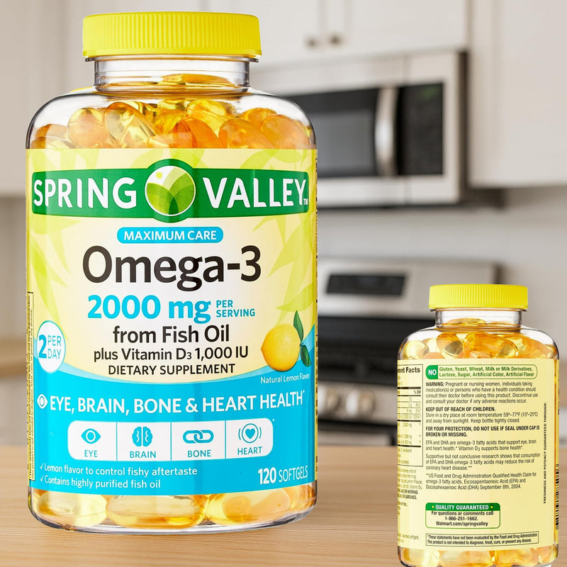 Spring Valley Omega-3 from Fish Oil 2000 mg for Eye Brain Bone & Heart Health Dietary Supplement Softgels, 120 Count, Bundle with Luall's 45 Diabetes Decoded