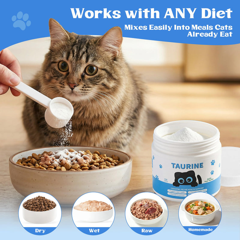 Taurine Powder for Cats - Supports Heart & Vision Health, Immune Support, Boosts Energy & Vitality, Skin & Coat Wellness, 99.9% Pure, Water-Soluble with Dosing Spoon, 200g