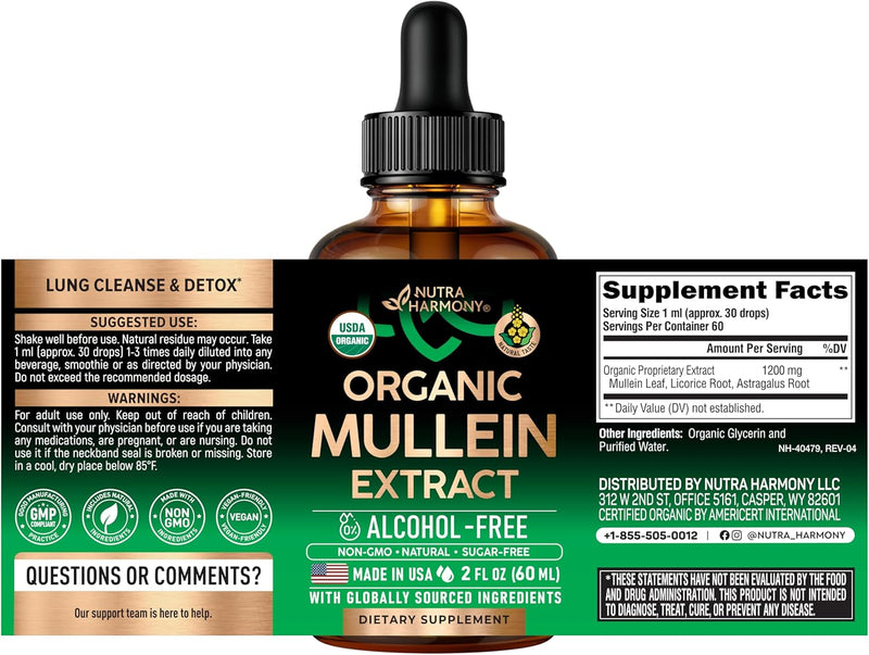 Mullein Drops for Lungs- Mullein Leaf Extract for Lungs-Support Lung Cleanse & Respiratory Function for Healthy Breathing | Non-GMO | Vegan | 2 fl oz Unflavoured