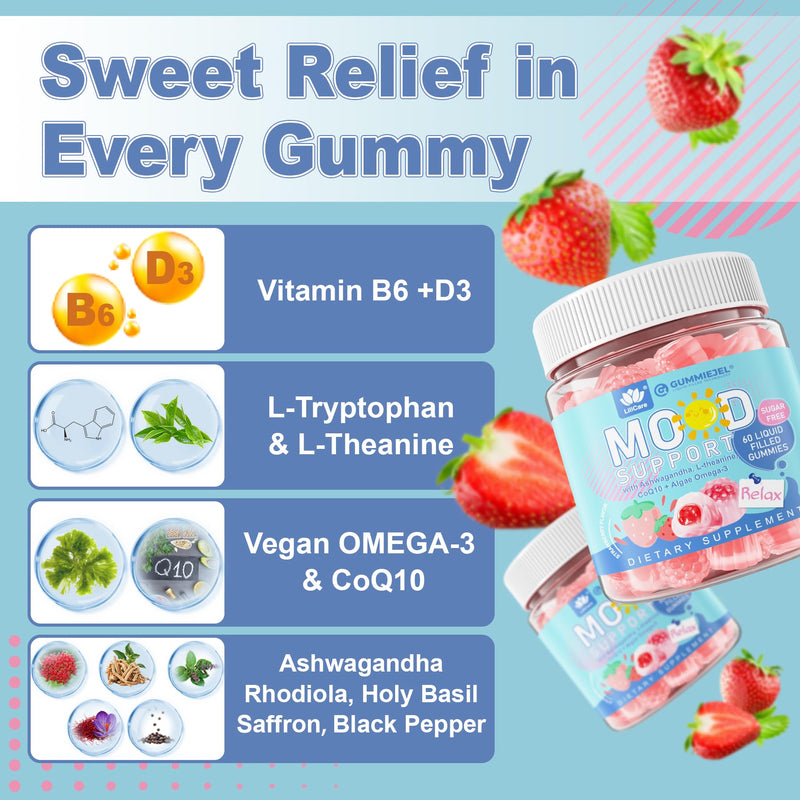 Ashwagandha Mood Support Supplement Calm Relax Gummies for Women Men, 120ct | Natural Calming Gummies for Adults with Vitamin D3 B6, Vegan Omega 3, L-Theanine, CoQ10 & Rhodiola Rosea, Vegan, Sugar Free 60 Count (Pack of 2)