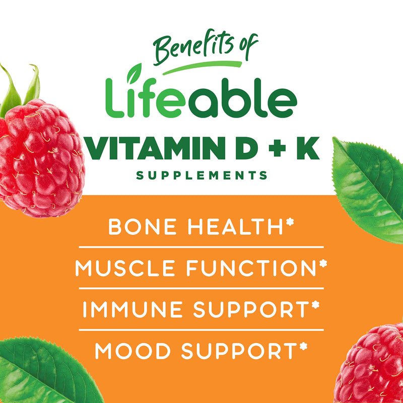 Lifeable Vitamin D3 + K2 - Great Tasting Natural Flavor Gummy Supplement Vitamins - Gluten Free Vegetarian and Non-GMO Chewable - for Strong and Healthy Bones - 60 Gummies (Kids) Kids - BeesActive Australia