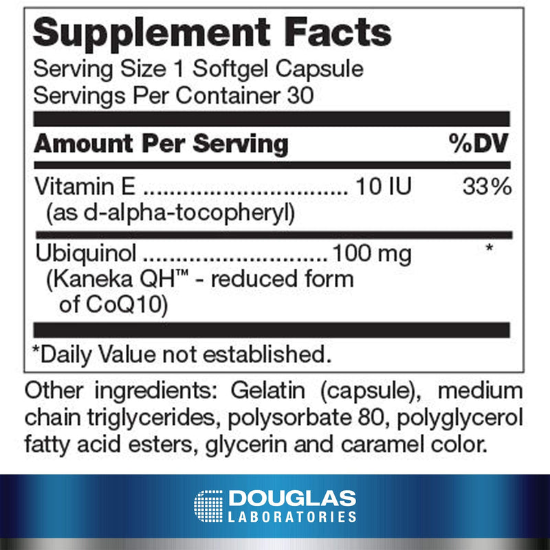 Douglas Laboratories Ubiquinol-QH | CoEnzyme Q10 to Support Healthy Aging and Cardiovascular Function | 30 Softgels | CoEnzyme Q10 and Vitamin E to Support Healthy Aging and Cardiovascular Function*, Non-GMO, Dietary Supplement, Non-GMO