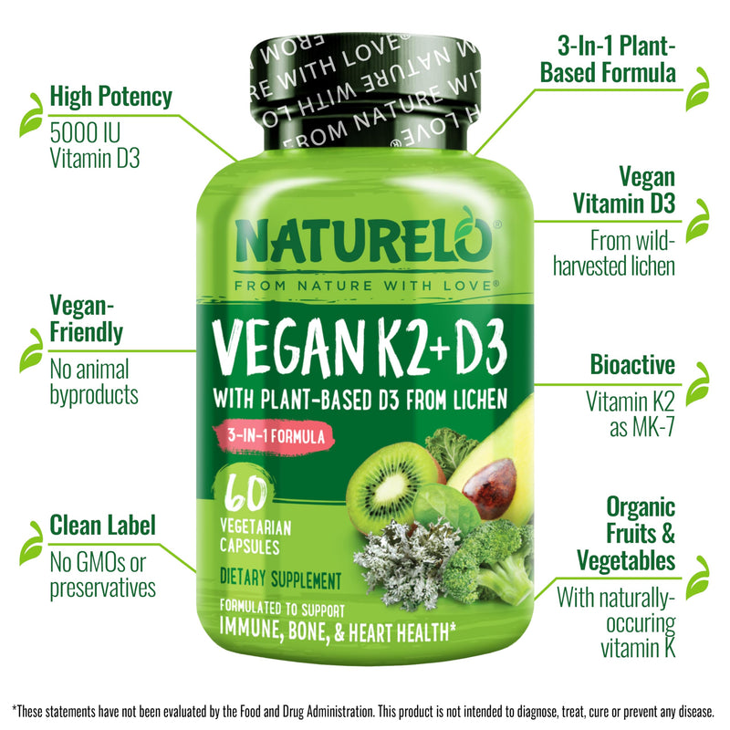 NATURELO Vitamin D3 K2, Vegan K2+D3 Supplement, 60 Capsules | Vitamin D with K, plant based D3 from lichen, whole food, non-GMO, gluten free, Vitamin D Plus K Supplement, K2 D2 Unflavored 60 Count (Pack of 1)