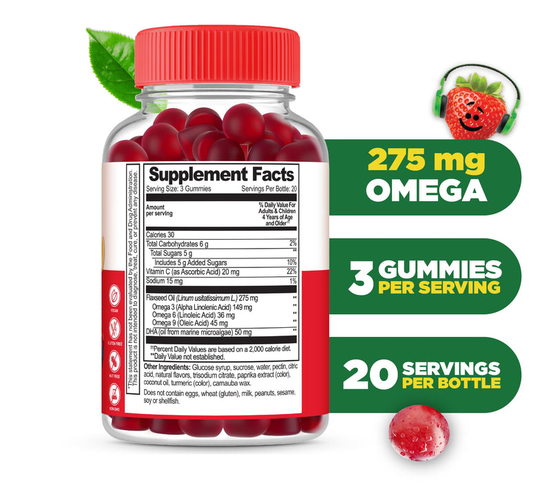 Lifeable Omega 3 for Kids Gummies | with Vegan DHA Supplement | Kids Omega 3 Fish Oil Alternative from Plant Based Flaxseed Oil | Great Tasting Supplement | 60 Gummies