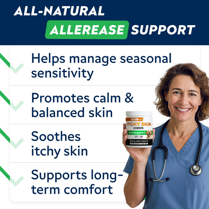 STRELLALAB Allergy Support Chews for Dogs with Omega 3 Fish Oil - Itchy Skin Support Immune Supplement - Skin & Coat Health - Made in UK - Stop Itch & Hot Spots - Pork Flavor - 60ct 60 Soft Chews