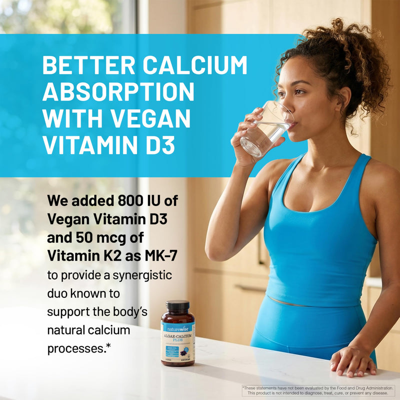 NatureWise Algae Calcium Plus - with Aquamin Calcium, Magnesium, Vitamin C, D3, and K2 - Vegan Algae Calcium Supplements for Women & Men - Bone Health Support - Non-GMO - 120 Capsules[60-Day Supply]