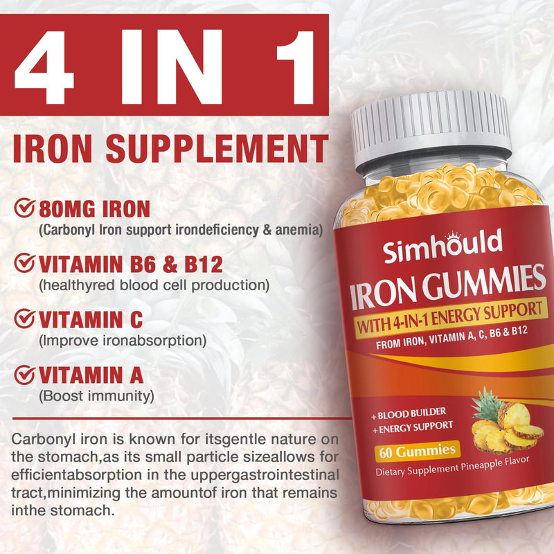 2 Pack Vegan 80MG Iron Supplement Gummies for Women & Men - Vitamin A, C, B for Adults & Kids - Blood & Builder & Energy Support for Iron Deficiency, Anemia, 120 Counts Pineapple Flavor Gummies Yellow - 2 Packs