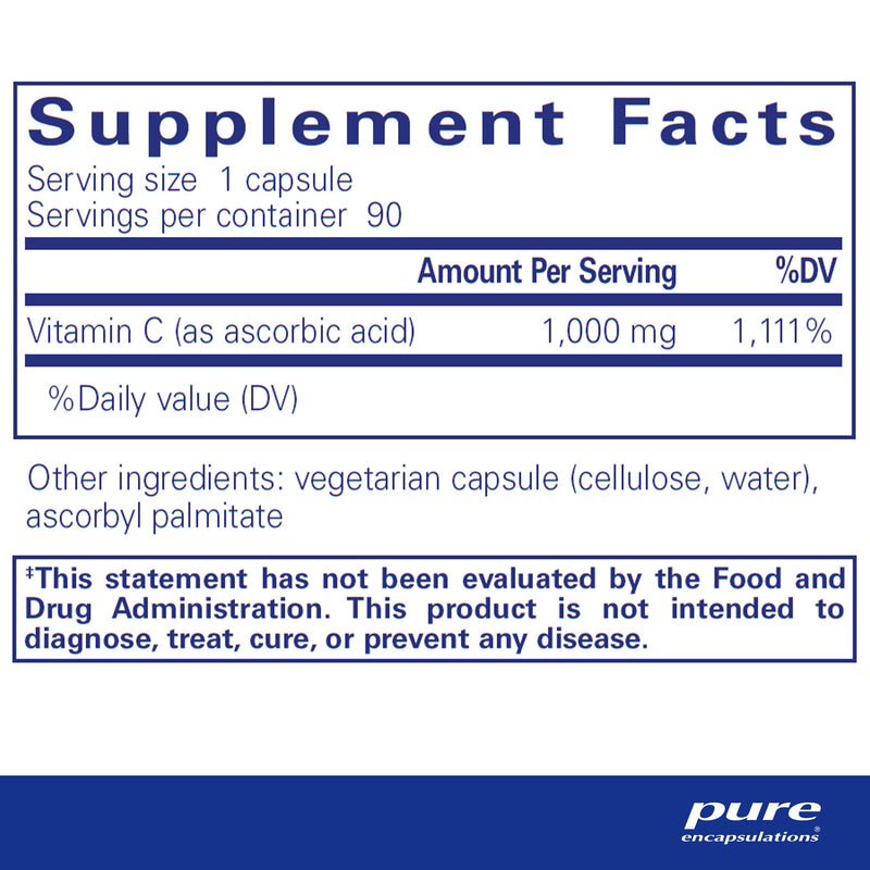 Pure Encapsulations Ascorbic Acid Capsules - 1,000 mg Vitamin C - Antioxidant & Immune Support* - High-Potency Vitamin C - Vegan & Non-GMO - 90 Capsules 90 Count (Pack of 1) - BeesActive Australia