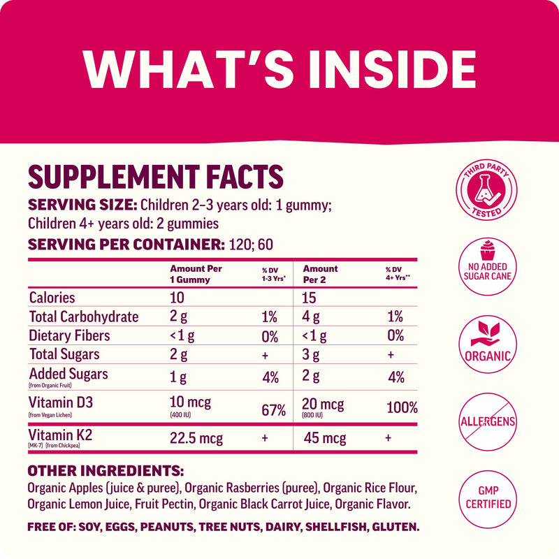 Llama Naturals Vitamin D3 K2 Gummies for Kids, Vegan, Organic, Children Toddler Vitamin D Gummies, Real Fruit Gummy Vitamins, No Added Sugar Cane, Raspberry, 120 Ct 120 Count (Pack of 1)