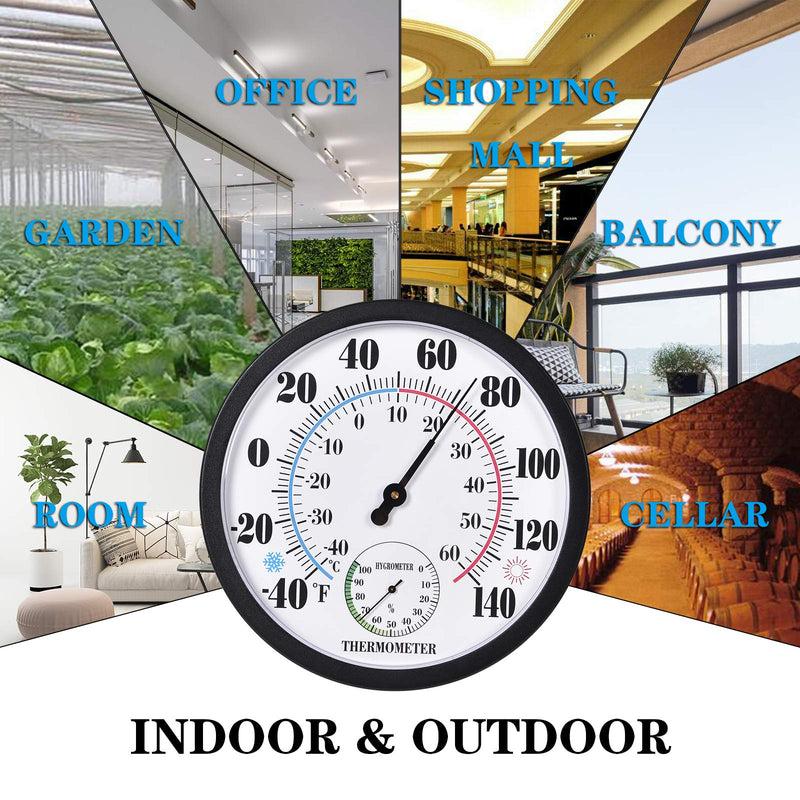 Indoor Outdoor Thermometer Large Numbers Wall Thermometer Hygrometer Waterproof Does not Require Battery 10 inch Wireless Hanging Hygrometer Garden Decoration (Black) Black 10" - BeesActive Australia
