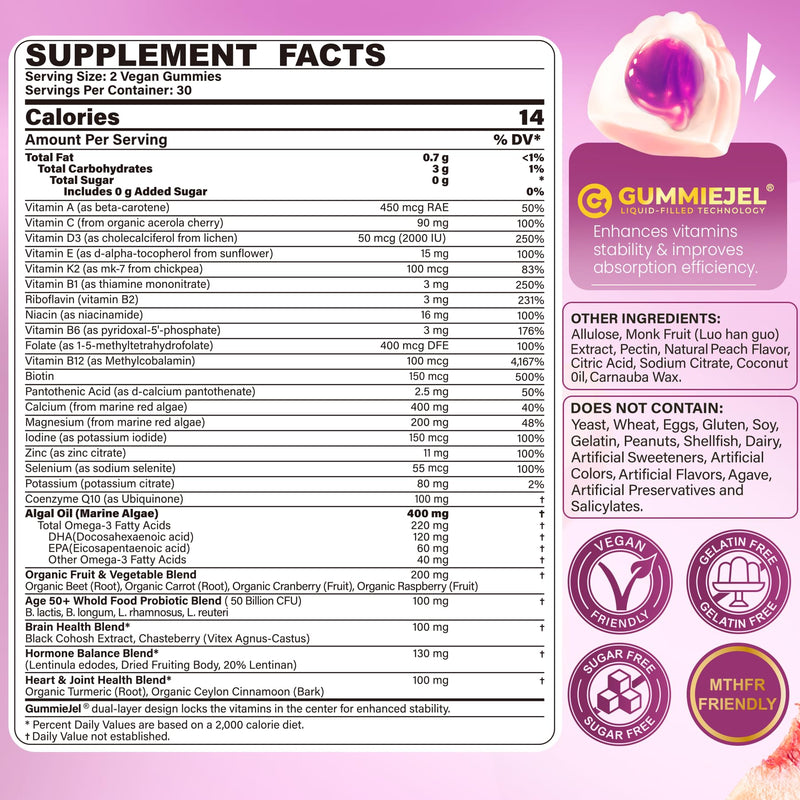 Multivitamin for Women 50 Plus Gummies, Vegan Omega 3, Calcium D3 K2, CoQ10 | Probiotics, Daily Vitamin A C E, Methylfolate, Methylated B12 Biotin B Complex, Zinc -Bone Energy Longevity -Sugar Free 60Cts 60 Count (Pack of 1)