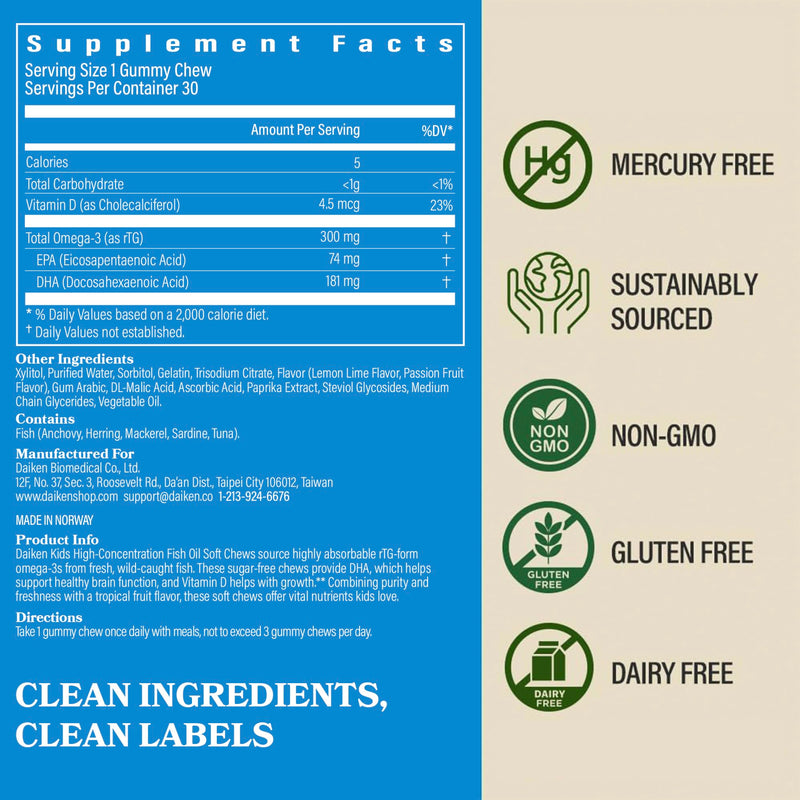 DAIKEN Kids Fish Oil Gummies-Sugar Free Omega 3 for Kids DHA/EPA & D3, 2Pk | High Potency 300mg Norwegian Omega-3 for Kids’ Brain Development & Immune Support, Individually Wrapped, Tropical Fruit, 30ct 30 Count (Pack of 2)