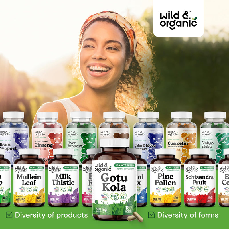 Wild & Organic Gotu Kola Capsules 600 mg - Brain & Focus Support - Gotu Kola Supplement - Centella Asiatica Powder - 180 Days of Supply - Vegan, No Fillers, Non-GMO - 180 Count