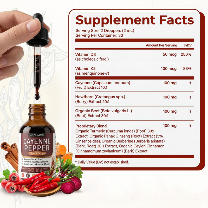 Cayenne Pepper Drops with Vitamin D3 K2 MK-7-30:1 Organic Beetroot & Hawthorn Berberine, Turmeric, Panax Ginseng - 2 Fl Oz