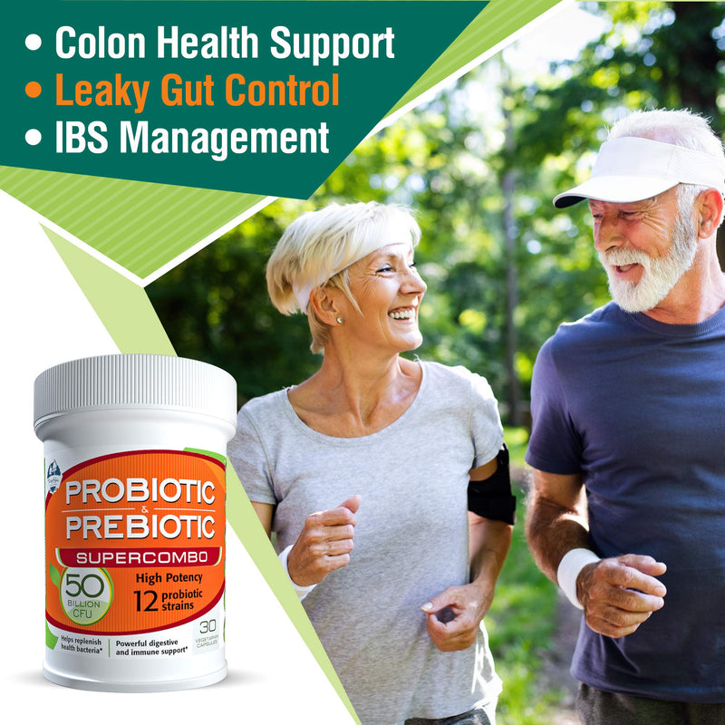 50 Billion CFU Prebiotic and Probiotic Supplement for Women and Men, 12 Strains for Daily Immune Support and Digestive Health, 30 Veggie Capsules, Non Refrigerated High Potency Probiotics
