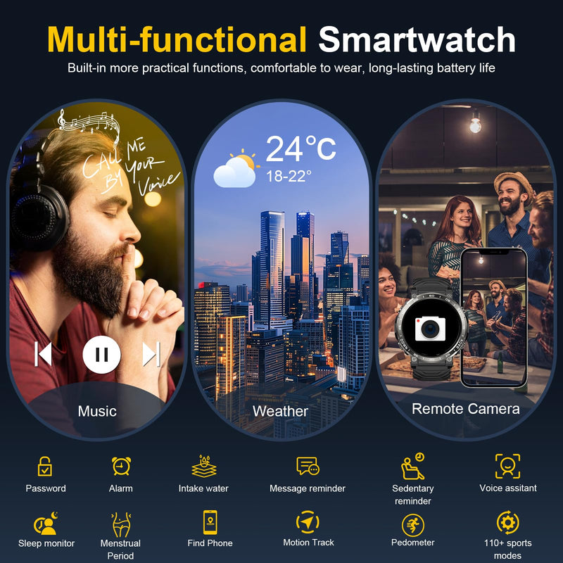 Smart Watches for Men-Bluetooth Call, 1.52" Military Smart Watch for Android iPhone, Waterproof Fitness Tracker Watch with Sleep Tracker, 118 Sports Modes, GPS Pedometer/Step Counter for Walking Black 1.52"