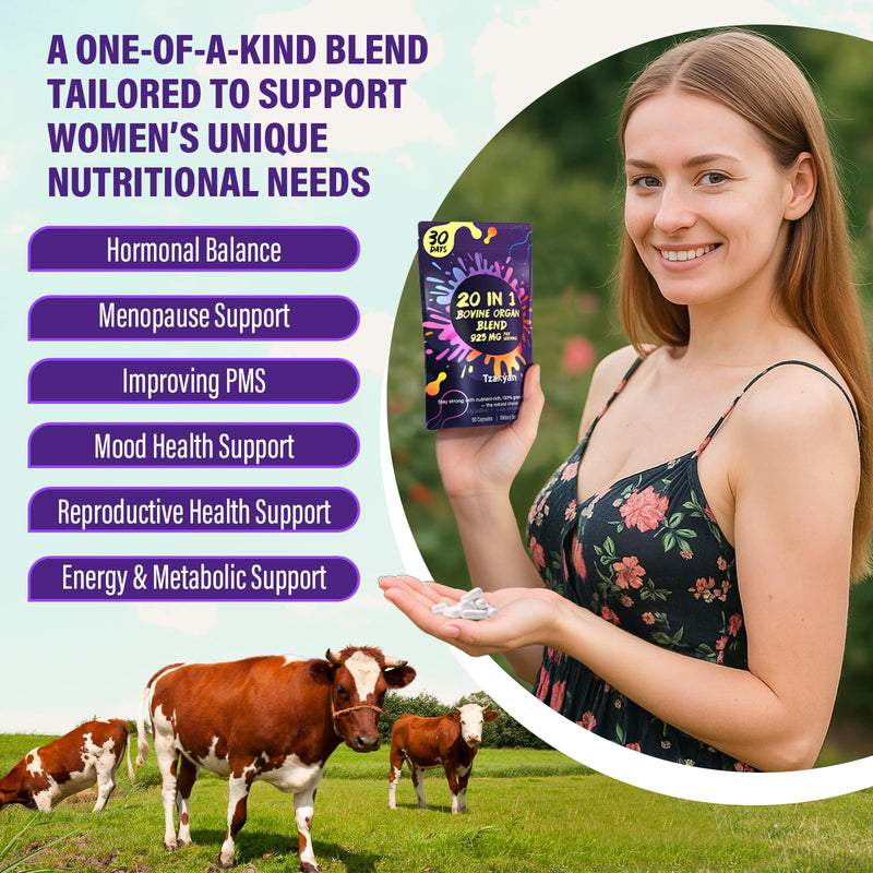 20-In-1 Beef Organ Supplement for Women, 925MG Grass Fed Beef Liver, Uterus, Ovary & 3 more with Maca, DIM, Black Cohosh, Vitamin & Mineral, Bovine organ Capsules for Hormone Balance, Energy, 30 Days Beef Organ & Herbal 60 Count (Pack of 1)