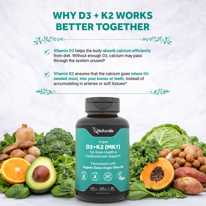 Naturalis Vegan Vitamin D3+K2 from Algae | 5000 IU D3 with 120mcg MK7 | Vegan Society Certified,Sustainably Sourced,Better Than Animal Derived | Better Support for Bone & Immune Health* | 60 Softgels 60 Count (Pack of 1)