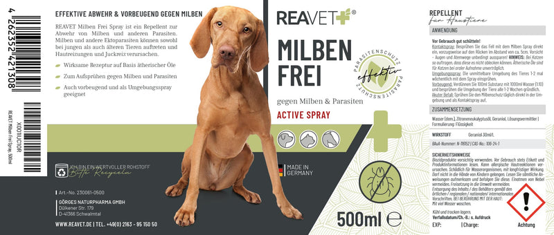 ReaVET anti mite spray for dogs, cats and horses 500 ml - mite spray with immediate effect against itching and infestation, anti mite spray I mite protection for effective defense against mites and parasites 500 ml - BeesActive Australia