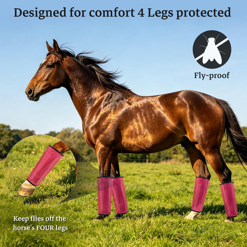 Mesh Horse Fly Boots Set of 4 Loose Fitting Breathable Leggings for Horses, Adjustable Anti-Stomping Leg Wraps, Stay-Up No-Slip Design for All 4 Legs, Pink