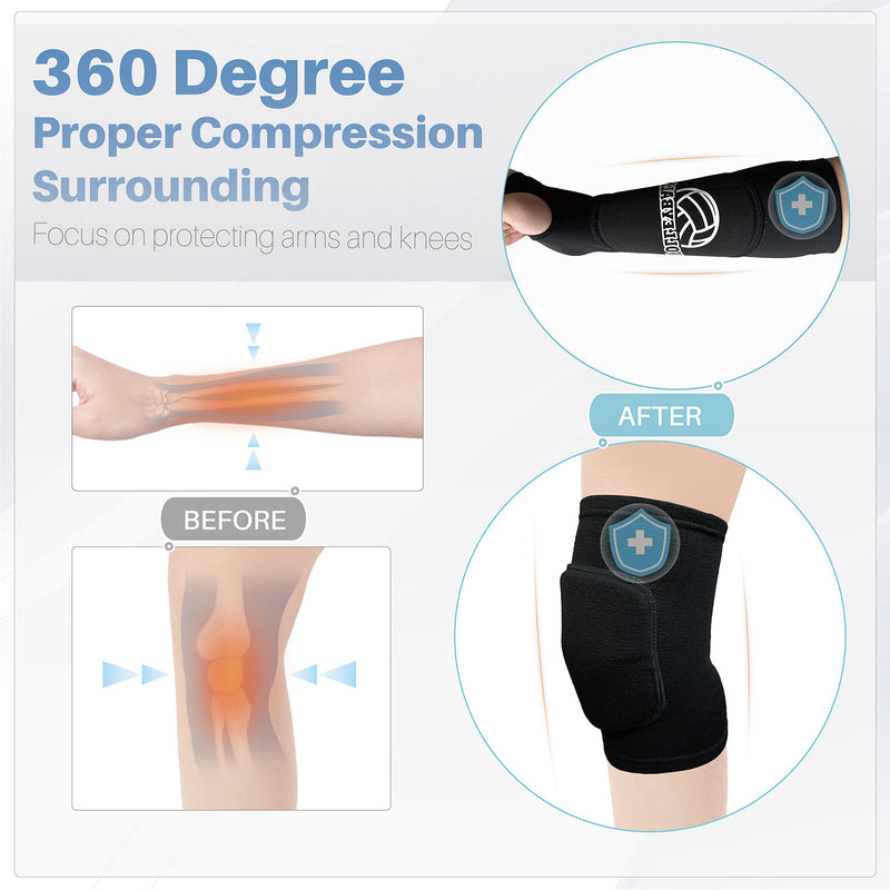 Volleyball Arm Sleeves and Knee Pads Set Passing Forearm Sleeves with Protection Pads and Thumbhole Volleyball Training Gear for Girls Teen Youth Women Black - 2 Sets - BeesActive Australia