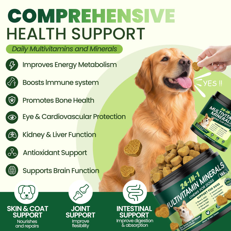 24-in-1 Dog Vitamins and Supplements, Dog Multivitamin Chewable with Chondroitin Probiotics Omega-3 Glucosamine for Dogs Skin Coat Hip and Joint Heart Gut Liver Brain Eye Immune Support, 90 Chews