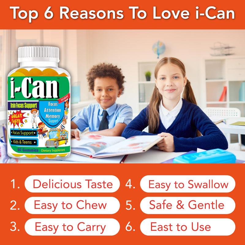 I-Can Kids Focus Gummies with Omega 3 DHA, Children’s Brain Support Vitamins, Memory Gummies for Teens, Focus Gummies for Kids, Youth Daily Supplement, Non-Fishy Taste, Low Sugar, 60 Count