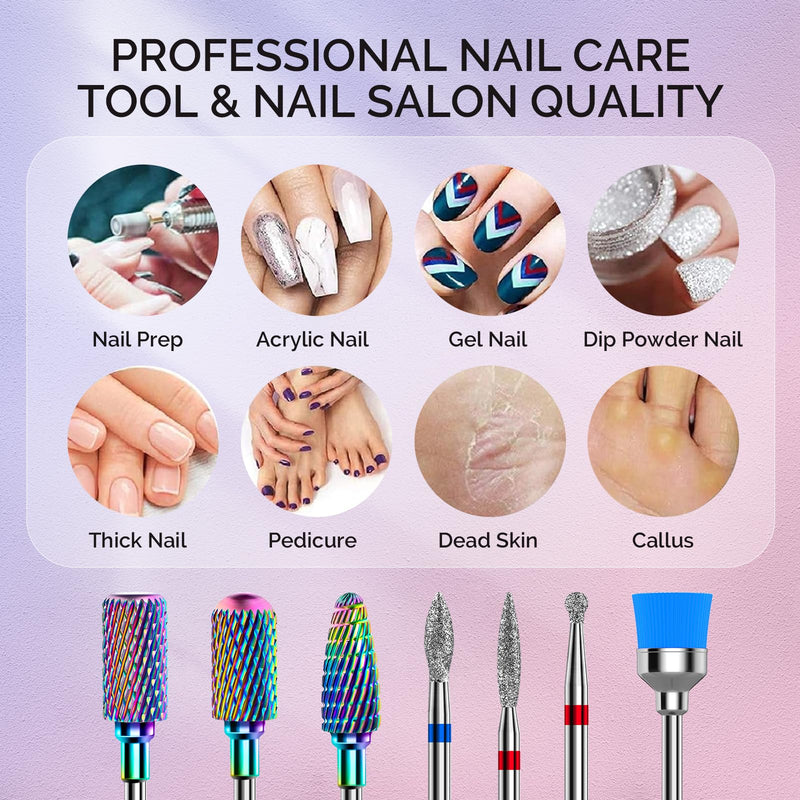 MelodySusie Nail Drill Bits Set, 7pcs Tungsten Carbide Diamond Nail Drill Bits for Acrylic Nails Poly Gel Cuticle Remove, 3/32'' Professional Nail Bits for Nail Drill Efile, Manicure Pedicure Tools 7 Piece Set-Tungsten Colorful