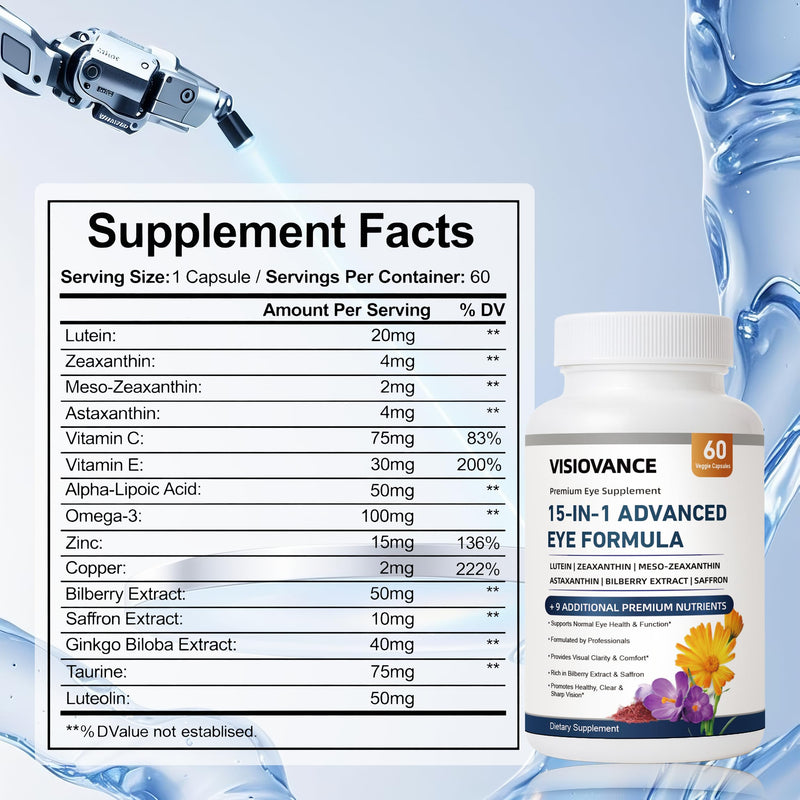 15 in 1 Advanced Eye Formula, Neurobella Eye Vitamin and Mineral Supplement for Adults & Seniors, with Lutein, Astaxanthin, Vitamin C/E, Bilberry, Promotes Eye Health, Reduces Dryness, 60 Capsules