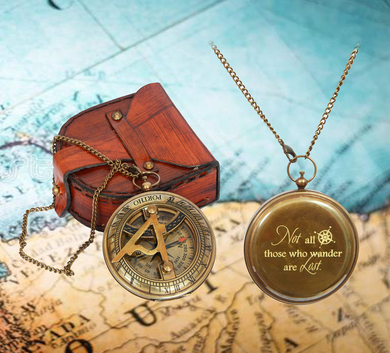 PORTHO Engraved Sundial Compass with Leather case for Traveler Inspirational Adventurer Wedding Baptism Gift for him Adventure - BeesActive Australia