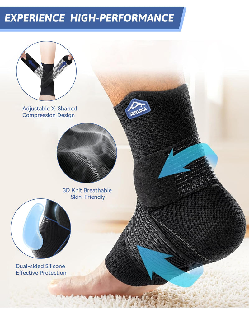 Compression Ankle Brace for Sprain Recovery with Figure 8 Strap & Dual Silicone Pads, Breathable Knit Active Ankle Support for Sports, Athletic, Running, Basketball, Volleyball Large Black