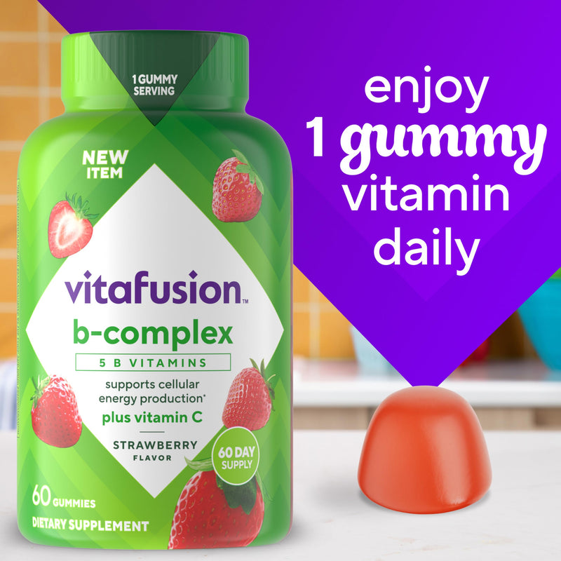 Vitafusion B-Complex Gummy Dietary Supplements, with 5 B Vitamins to Support Cellular Energy Production (1), Plus Vitamin C, Strawberry Flavor, 60 Count (Pack of 2) 60 Count (Pack of 2)
